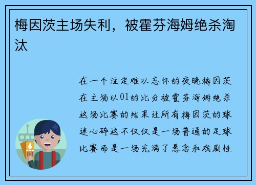 梅因茨主场失利，被霍芬海姆绝杀淘汰